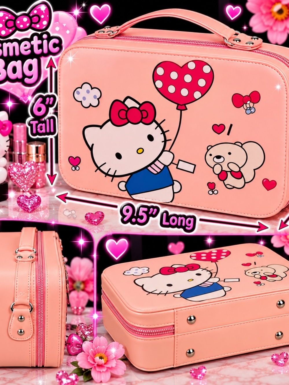Hello Kitty Peach Pink Kids Cosmetic Case with Balloon Graphic